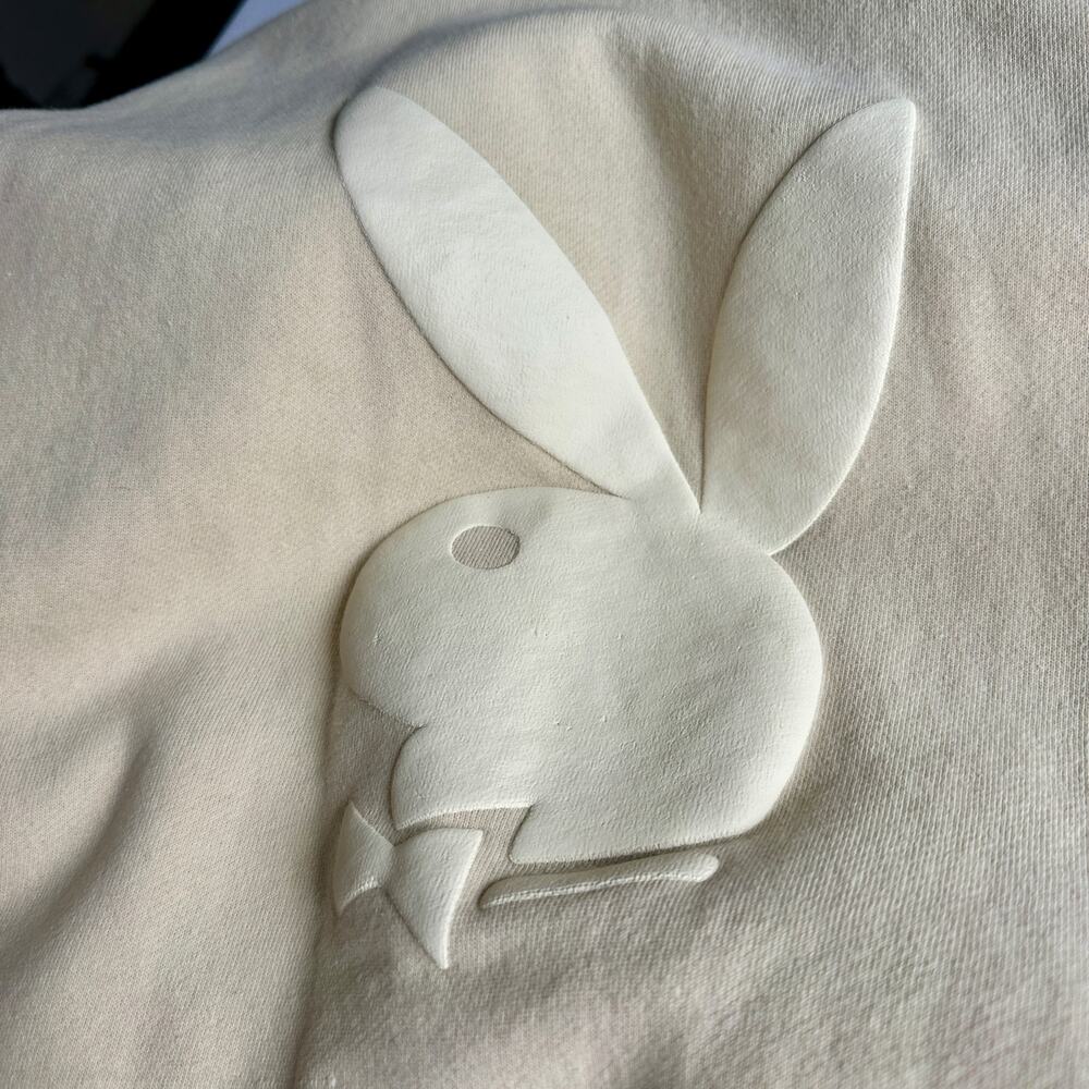Playboy x PacSun Men’s Puffy Logo Crewneck Sweatshirt Cream Beige Minimalist- XL - Picture 3 of 9